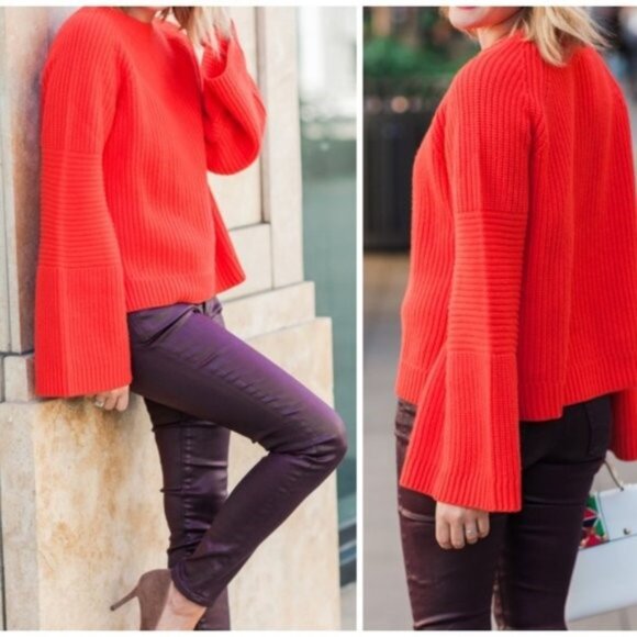 Anthropologie Needle Leah Ribbed Pullover Bell Sleeve Sweater Orange - Picture 5 of 5